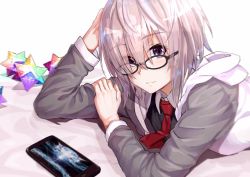 Rule 34 | 1girl, black shirt, blush, cellphone, commentary request, face, fate/grand order, fate (series), gem, glasses, grey hair, grey jacket, hair between eyes, highres, jacket, long sleeves, looking at viewer, lying, mash kyrielight, necktie, on stomach, phone, red necktie, shirt, shuutou haruka, smartphone, solo, white jacket