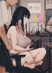Rule 34 | 1boy, 1girl, alarm clock, artist request, bare shoulders, barefoot, black eyes, black hair, blue bra, book, bottle, bra, breasts, chair, cleavage, clock, controller, covered erect nipples, crossed legs, cup, eiffel tower, english text, game controller, headphones, heart, indoors, japanese text, lamp, lampshade, large breasts, matching hair/eyes, mug, covered erect nipples, no bra, office chair, paper, playing games, shirt, short sleeves, sitting, speech bubble, spray bottle, standing, sticky note, swivel chair, t-shirt, tenpanco, translation request, underwear, white shirt, wire
