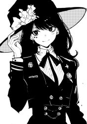 Rule 34 | 1girl, adjusting clothes, adjusting headwear, bow, bowtie, dithering, earrings, epaulettes, flower, hat, hat flower, heart, heart-shaped pupils, heart mold, highres, jewelry, kajino (aosansai), looking at viewer, mole, mole under eye, monochrome, multiple moles, name tag, original, shirt, simple background, smile, solo, symbol-shaped pupils, uniform, upper body