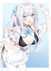 Rule 34 | 1girl, :d, abe suke, absurdres, apron, arm up, bare shoulders, bikini, black bikini, blue background, blue bow, blue eyes, blush, bow, breasts, cleavage, collar, collarbone, commentary, detached collar, fang, frilled apron, frills, grey hair, hand up, highres, large breasts, long hair, looking at viewer, maid headdress, navel, open mouth, original, ponytail, side-tie bikini bottom, smile, solo, swimsuit, thighhighs, two-tone background, very long hair, white apron, white background, white collar, white thighhighs, wing collar, wrist cuffs