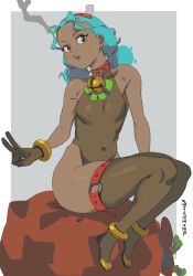 Rule 34 | 1girl, animal collar, animal costume, anklet, antlers, aqua hair, bell, bracelet, breasts, brown eyes, brown gloves, brown leotard, brown lips, brown thighhighs, christmas, collar, commentary, covered navel, dark-skinned female, dark skin, english commentary, fake antlers, full body, gloves, highres, horns, jewelry, jingle bell, leotard, low twintails, medium hair, neck bell, nina (starhump), o-ring, original, puckered lips, red collar, reindeer antlers, reindeer costume, sack, sitting, small breasts, solo, starhump, teeth, thigh strap, thighhighs, twintails, upper teeth only, v