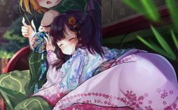 Rule 34 | 2girls, absurdres, black hair, blonde hair, blush, brush, hair ornament, highres, japanese clothes, kimono, lying, lying on person, multiple girls, open mouth, original, outdoors, paintbrush, painting (action), ponytail, short twintails, sleeping, surprised, twintails, wanashi tam, yuri