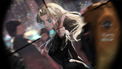 Rule 34 | black coat, blonde hair, blurry, blurry background, building, button eyes, buttons, coat, crowd, earrings, finger gun, identity v, jacket, jewelry, kureta (nikogori), looking at viewer, looking back, multiple boys, scope, smile, solo focus, standing, vermouth (meitantei conan)