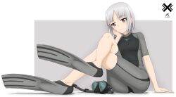 Rule 34 | 1girl, absurdres, acrux, bodysuit, brave witches, breasts, brown eyes, covered navel, crossed legs, diving mask, diving mask removed, diving suit, edytha rossmann, flippers, foot up, full body, goggles, grey hair, highres, looking at viewer, short hair, simple background, sitting, skin tight, small breasts, snorkel, solo, springsuit, strike witches, strike witches: aurora no majo, strike witches: suomus misfits squadron, thighs, two-tone bodysuit, wetsuit, world witches series