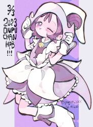 Rule 34 | 1girl, blush, boots, dated, dress, frills, gloves, happy birthday, hat, highres, holding, holding clothes, holding hat, magical girl, ojamajo doremi, one eye closed, purple eyes, purple hair, segawa onpu, short hair, smile, solo, tokumei19, tongue, tongue out, twitter username, white footwear, white gloves, white hat, witch hat