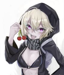 Rule 34 | 10s, 1girl, abyssal ship, backpack, bad id, bad pixiv id, bag, blush, cherry, cucurbita, food, fruit, hand on own hip, holding, hood, kantai collection, long sleeves, looking at viewer, o-ring, o-ring top, open mouth, pale skin, purple eyes, re-class battleship, scarf, silver hair, simple background, solo, teeth, tongue, tongue out, white background, wide sleeves