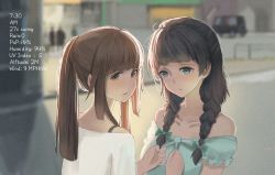 Rule 34 | 2girls, black hair, blue dress, blue eyes, blurry, blurry background, bra strap, braid, brown eyes, brown hair, chinese commentary, collarbone, commentary request, dress, highres, liangzi tai hongcha, long hair, looking back, multiple girls, off-shoulder dress, off shoulder, original, outdoors, parted lips, ponytail, sad, shirt, twin braids, upper body, white shirt
