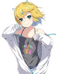 Rule 34 | 1girl, animal ears, aqua eyes, bare shoulders, blonde hair, blue hair, blush, camisole, cat ears, colored inner hair, fake animal ears, flat chest, hair ornament, highres, jacket, looking at viewer, multicolored hair, off shoulder, open clothes, open jacket, original, short hair, simple background, smile, sody, solo, upper body, white background