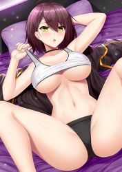 Rule 34 | 1girl, :o, ahoge, arm behind head, arm up, azur lane, baltimore (azur lane), baltimore (black ace) (azur lane), bare shoulders, black jacket, black shorts, blush, braid, breasts, brown hair, choker, cleavage, collarbone, commentary request, french braid, hair between eyes, highres, indoors, jacket, unworn jacket, large breasts, looking at viewer, lying, navel, on back, on bed, open mouth, partial commentary, pillow, shibata rai, short hair, short shorts, shorts, sidelocks, solo, sports bra, sportswear, spread legs, stomach, strap pull, sweat, tennis uniform, underboob, underwear, white sports bra, yellow eyes