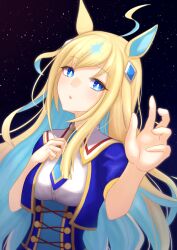 Rule 34 | 1girl, absurdres, ahoge, animal ears, artist name, badge, blonde hair, blue eyes, breasts, button badge, cleavage cutout, closed mouth, clothing cutout, cloud, coat, colored inner hair, ear ornament, feet out of frame, frown, highres, horse ears, horse girl, lens flare, long hair, long sleeves, multicolored hair, neo universe (umamusume), outdoors, pocket, puffy long sleeves, puffy sleeves, shooting star, sleeves past fingers, sleeves past wrists, small breasts, solo, star (sky), umamusume, white coat