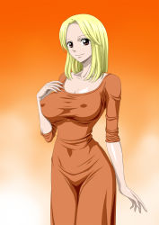Rule 34 | 1girl, blonde hair, breasts, brown eyes, cleavage, collarbone, covered erect nipples, curvy, dress, hand on own chest, highres, hip focus, kaya (one piece), large breasts, legs, long dress, long sleeves, looking at viewer, nel-zel formula, one piece, orange dress, short hair, simple background, smile, solo, standing, thighs