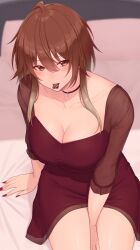 Rule 34 | 1girl, aketa mikoto, arm between legs, bed sheet, blush, breasts, brown hair, cleavage, collarbone, dress, fingernails, highres, idolmaster, idolmaster shiny colors, kirou (kiruyuu1210), large breasts, looking at viewer, mouth hold, nail polish, on bed, red dress, sitting, smile, solo