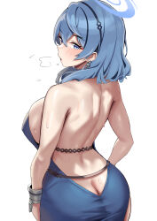 Rule 34 | 1girl, absurdres, ako (blue archive), ako (dress) (blue archive), ass, back, backless dress, backless outfit, bare shoulders, blue archive, blue dress, blue eyes, blue hair, blue sky, blush, breasts, butt crack, dress, earrings, from behind, hair ornament, highres, jewelry, large breasts, looking at viewer, looking back, medium hair, official alternate costume, onedoo, open mouth, sky, solo