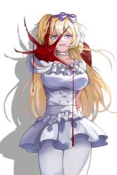 Rule 34 | 1girl, absurdres, blonde hair, blood, blood on hands, blue eyes, choker, dress, frilled dress, frills, highres, hime hajime, long hair, mayamochi, open mouth, pantyhose, power symbol hair ornament, shadow, solo, virtual youtuber, vshojo, white background, white choker, white dress, white pantyhose