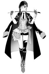 Rule 34 | 1boy, asymmetrical hair, black gloves, boots, candy, corset, eyepatch, food, gloves, greyscale, hair ornament, highres, jacket, jacket on shoulders, lollipop, looking at viewer, male focus, monochrome, monochrome, mouth hold, mukuro (sakiyo cake), necktie, original, riding crop, sakiyo cake, shorts, single thighhigh, solo, thighhighs, torn clothes, trap