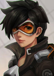 Rule 34 | 1girl, artist name, brown hair, chromatic aberration, earrings, goggles, highres, image sample, jacket, jewelry, kato-artist, leather, leather jacket, light smile, lips, looking at viewer, nose, overwatch, overwatch 1, portrait, short hair, solo, spiked hair, tracer (overwatch), upper body