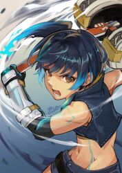 Rule 34 | 1girl, blue hair, blue jacket, body markings, brown eyes, crop top, cropped jacket, fiery hair, glowing lines, groin, hammer, highres, holding, holding hammer, jacket, lower teeth only, motion lines, navel, open mouth, sena (xenoblade), side ponytail, solo, teeth, v-shaped eyebrows, xenoblade chronicles (series), xenoblade chronicles 3, yora