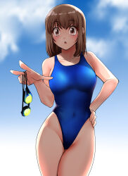 Rule 34 | 1girl, absurdres, blue one-piece swimsuit, blue sky, breasts, brown eyes, brown hair, chestnut mouth, cloud, commentary request, competition swimsuit, covered navel, goggles, unworn goggles, hand on own hip, highres, holding, holding goggles, medium breasts, nanao futaba, one-piece swimsuit, original, shadow, short hair, sky, solo, standing, swimsuit