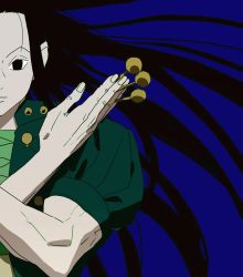 Rule 34 | 1boy, between fingers, blue background, empty eyes, expressionless, fingernails, galeblack, highres, holding, hunter x hunter, illumi zoldyck, long hair, male focus, needle, pin, simple background, solo, toned, toned male, upper body