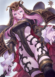 Rule 34 | 1girl, arina nary, blue eyes, breasts, colored skin, covered navel, dutch angle, earrings, final fantasy, final fantasy xiv, hair between eyes, highres, holding, holding staff, jewelry, long hair, long sleeves, looking at viewer, medium breasts, pink hair, puffy long sleeves, puffy sleeves, purple skin, simple background, solo, spectral necromancer, staff, tattoo, veil