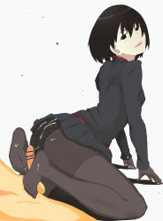 Rule 34 | 1boy, 1girl, alternate costume, ass, bad id, bad pixiv id, black eyes, black gloves, black hair, black panties, black pantyhose, black skirt, bob cut, breasts, censored, clothes lift, commentary, cum, cum on ass, cum on body, cum on feet, cum on lower body, cum on penis, empty eyes, fingers on ground, footjob, gakuran, gloves, hetero, highres, lace, lace panties, light blush, long sleeves, looking at viewer, looking back, looking to the side, monogatari (series), naoetsu high school uniform, no shoes, noriko (ni noriko), oshino ougi, pale skin, panties, pantyhose, pantyshot, parted lips, penis, pleated skirt, school uniform, shadow, short hair, skirt, skirt lift, small breasts, soles, solo focus, thighband pantyhose, toes, two-footed footjob, underwear, white background