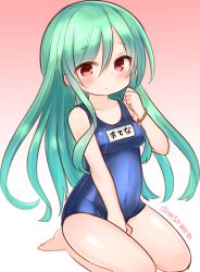 Rule 34 | 1girl, athena (p&amp;d), bad id, bad pixiv id, bare legs, between legs, blue one-piece swimsuit, blush, bracelet, clenched hand, hand between legs, jewelry, long hair, looking at viewer, mashiro miru, one-piece swimsuit, puzzle &amp; dragons, red eyes, school swimsuit, seiza, sitting, solo, swimsuit, tight clothes, twitter username