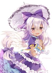 Rule 34 | 1girl, :d, blush, bow, dark-skinned female, dark skin, dress, frilled dress, frills, hair bow, holding, holding umbrella, itadaki31, light purple hair, long hair, looking at viewer, mireille lerner, open mouth, parasol, purple bow, purple dress, red eyes, shironeko project, short sleeves, simple background, smile, solo, twitter username, umbrella, white background, white wings, wings