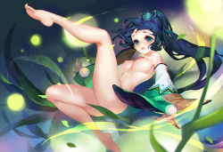Rule 34 | 1girl, barefoot, blue eyes, blue hair, breasts, convenient censoring, dandelion, detached sleeves, eyelashes, floating hair, flower, glowing, hair ornament, japanese clothes, leaf, leg up, light particles, long hair, medium breasts, mini person, minigirl, nipples, nude, onmyoji, outstretched arm, pom pom (clothes), solo, tears, transparent, truelion, wide sleeves, ying grass