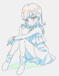 Rule 34 | 1girl, bracelet, closed mouth, commentary request, dolldolldd, dress, full body, grey background, hand up, highres, himitsu no aipri, hoshikawa mitsuki, jewelry, knees up, looking at viewer, no shoes, pretty series, short hair, simple background, sitting, smile, socks, solo
