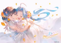 Rule 34 | 2girls, ahoge, anniversary, black eyes, blue hair, braid, brown hair, commentary request, dress, earrings, closed eyes, fishnet gloves, fishnets, flower, flower earrings, gloves, granblue fantasy, grin, hair flower, hair ornament, hug, jewelry, long hair, lyria (granblue fantasy), multiple girls, official art, open mouth, petals, short hair, simple background, smile, touyama nao, twintails, voice actor, white background, white dress