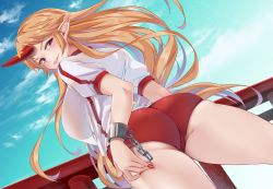 Rule 34 | 1girl, ass, blonde hair, blue sky, breasts, buruma, cuffs, day, dutch angle, from behind, highres, horns, hoshiguma yuugi, large breasts, looking at viewer, looking back, momendoufu, nail polish, outdoors, parted lips, pointy ears, puffy short sleeves, puffy sleeves, red buruma, red eyes, red nails, shackles, shirt, short sleeves, single horn, sky, solo, torii, touhou, white shirt