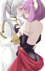 Rule 34 | 2girls, ass, atsugi111, aura (sousou no frieren), back, bare back, bare shoulders, black dress, black gloves, blush, breasts, breasts squeezed together, closed eyes, commentary request, demon, demon girl, demon horns, dress, drop earrings, earrings, elbow gloves, elf, frieren, gloves, green eyes, highres, horns, jewelry, large breasts, long hair, long sleeves, multiple girls, nipple stimulation, nipple tweak, nipples, open mouth, parted bangs, pointy ears, purple hair, sidelocks, simple background, sousou no frieren, tears, twintails, white background, yuri