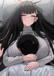 Rule 34 | 1boy, 1girl, absurdres, black hair, blue archive, blush, breast rest, breast smother, breasts, breasts on head, ear blush, face between breasts, face to breasts, hair spread out, halo, head between breasts, hetero, highres, hug, huge breasts, long hair, open mouth, ribbed sweater, rio (blue archive), sensei (blue archive), shirt, sleeping, sweatdrop, sweater, turtleneck, turtleneck sweater, very long hair, white shirt, white sweater, yuki (asayuki101)