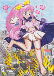 Rule 34 | building, bunker k, cape, car, city, crushing, fang, giant, giantess, green eyes, happy, highres, magical girl, motor vehicle, pink hair, rampage, skirt, smile, vehicle