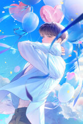 Rule 34 | 1boy, backlighting, balloon, black pants, blue sky, blurry, brown hair, commentary, confetti, day, depth of field, dress shirt, from side, half-closed eyes, hand up, heart balloon, highres, hip bones, light particles, linea alba, long sleeves, looking at viewer, looking to the side, male focus, midriff peek, navel, nolang, open clothes, open shirt, outdoors, pants, pectoral cleavage, pectorals, plave, shirt, short hair, sky, sleeves past wrists, solo, standing, sunlight, symbol-only commentary, toned, toned male, white shirt, wind, yejun (plave)