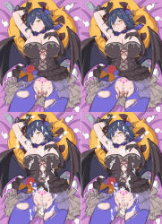 Rule 34 | 1girl, 2018, arm up, armpits, asymmetrical gloves, bat wings, bed, blue bow, blue hair, blue pubic hair, blush, bow, bowtie, breasts, censored, closed mouth, cum, cum in pussy, cum on ass, cum on body, cum on breasts, cum on clothes, cum on eyewear, cum on gloves, cum on hair, cum on lower body, cum on stomach, cum on upper body, cumdrip, demon horns, dress, excessive cum, facial, female pubic hair, flower, frilled dress, frilled gloves, frills, glasses, gloves, gluteal fold, grey dress, grey gloves, hair flower, hair ornament, hair over one eye, hand on own chest, highres, horns, jack-o&#039;-lantern, kiyama satoshi, looking at viewer, lying, mole, mole under eye, mosaic censoring, multicolored clothes, multicolored dress, nijisanji, nipple slip, nipples, on back, on bed, orange bow, presenting armpit, pubic hair, pubic hair peek, pubic tattoo, raised eyebrows, red-framed eyewear, see-through, shizuka rin, short hair, sidelocks, smile, solo, sweatdrop, tattoo, tombstone, tongue, tongue out, torn clothes, torn legwear, uneven gloves, variations, virtual youtuber, wings, yellow eyes
