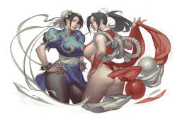 Rule 34 | 2girls, 69 (artist), ass, bare shoulders, black hair, black legwear, bracelet, breasts, brown eyes, bun cover, capcom, chinese clothes, chun-li, cowboy shot, cropped legs, crossover, curvy, double bun, ear piercing, earrings, fatal fury, female focus, hands on own hips, high ponytail, huge ass, jewelry, large breasts, looking at viewer, looking back, multiple girls, nail polish, ninja, no bra, panties, pantyhose, pelvic curtain, piercing, ponytail, puffy short sleeves, puffy sleeves, red nails, revealing clothes, shiranui mai, short hair, short sleeves, sideboob, simple background, snk, spiked bracelet, spikes, standing, street fighter, tagme, the king of fighters, thick lips, thick thighs, thighs, thong, underwear, white background, wide hips, wink