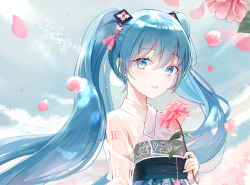 Rule 34 | 1girl, blue eyes, blue hair, blush, cloud, day, falling petals, flat chest, floral print, flower, hair between eyes, hatsune miku, holding, holding flower, iren lovel, light smile, long hair, looking at viewer, parted lips, petals, pink flower, pink rose, rose, see-through, see-through shirt, sky, solo, tassel, twintails, upper body, very long hair, vocaloid