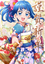 Rule 34 | 1girl, :d, blue eyes, blue hair, blue kimono, blunt bangs, commentary, dated, floating hair, floral print, flower, hair flower, hair ornament, hanzou, happy new year, highres, hirogaru sky! precure, holding, japanese clothes, kimono, long hair, long sleeves, looking at viewer, nengajou, new year, open mouth, pink flower, ponytail, precure, print kimono, smile, solo, sora harewataru, standing, translated, twitter username, watermark, wide sleeves