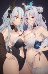 Rule 34 | 2girls, arbiter the empress iii (azur lane), arbiter the hermit ix (azur lane), azur lane, bell, black choker, breast press, breasts, choker, closed mouth, commentary request, commission, cross-laced clothes, fake antlers, floating, floating object, frown, grey hair, hair between eyes, hand on own hip, highleg, highleg leotard, highleg panties, highres, large breasts, leotard, long hair, looking at another, looking at viewer, maitei roppa, multiple girls, navel, neck bell, off shoulder, panties, pixiv commission, red eyes, revealing clothes, siren (azur lane), smile, string panties, underwear, v-shaped eyebrows, yellow eyes