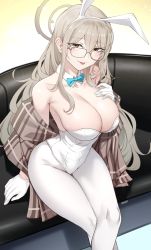Rule 34 | 1girl, absurdres, akane (blue archive), akane (bunny) (blue archive), animal ears, bare shoulders, blue archive, blush, bow, bowtie, breasts, brown eyes, cleavage, couch, detached collar, fake animal ears, glasses, gloves, highres, k0ng, large breasts, leotard, long hair, looking at viewer, pantyhose, playboy bunny, rabbit ears, sitting, smile, solo, strapless, white gloves, white leotard, white pantyhose, wrist cuffs
