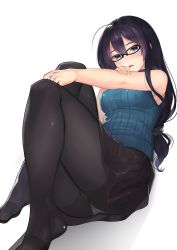 Rule 34 | 1girl, ahoge, bad anatomy, bare arms, bare shoulders, black-framed eyewear, black pantyhose, black scrunchie, black skirt, blue eyes, blue sweater, blush, crotch seam, artistic error, foreshortening, full body, glasses, gloves, hair ornament, hair scrunchie, hand on own arm, highres, kagematsuri, knees up, leaning back, long hair, looking at viewer, low-tied long hair, mole, mole under mouth, no shoes, original, panties, panties under pantyhose, pantyhose, pantyshot, purple hair, reversed feet, reversed foot, ribbed sweater, scrunchie, sitting, skirt, sleeveless, sleeveless turtleneck, smile, solo, sweater, thighs, turtleneck, underwear, white gloves