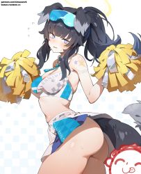 Rule 34 | 1boy, 1girl, absurdres, animal ears, bare shoulders, blue archive, blush, breasts, cheerleader, cleavage, dog ears, dog girl, dog tail, eyewear on head, goggles, goggles on head, halo, hibiki (blue archive), hibiki (cheer squad) (blue archive), highres, holding, holding pom poms, long hair, looking at viewer, medium breasts, millennium cheerleader outfit (blue archive), navel, open mouth, pom pom (cheerleading), pom poms, simao (x x36131422), solo focus, sticker on arm, sticker on face, tail, thighs