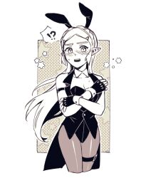 Rule 34 | 1girl, blush, braid, crossed arms, elf, embarrassed, gloves, highres, leotard, long hair, looking at viewer, nintendo, open mouth, pantyhose, pointy ears, princess zelda, rabbit ears, speech bubble, the legend of zelda, the legend of zelda: breath of the wild