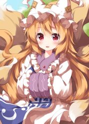 Rule 34 | 1girl, animal ears, animal hat, blonde hair, blue tabard, dress, fox ears, fox tail, frilled dress, frills, hands in opposite sleeves, happy, hat, highres, junko (touhou), long hair, long sleeves, mob cap, multiple tails, one-hour drawing challenge, open mouth, red eyes, ruu (tksymkw), solo, tabard, tail, tassel, touhou, very long hair, white dress, white hat, yakumo ran