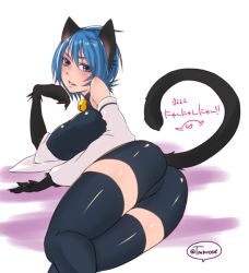 Rule 34 | 1girl, animal ears, aqua (kingdom hearts), ass, bare shoulders, bell, black thighhighs, blue eyes, blue hair, blush, breasts, cat ears, cat tail, detached sleeves, hair between eyes, jingle bell, kemonomimi mode, kingdom hearts, kingdom hearts birth by sleep, large breasts, long sleeves, looking at viewer, lying, on side, solo, tail, tamaki (tmk-poison), thighhighs, wide sleeves, zettai ryouiki
