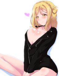 Rule 34 | 10s, 1girl, blonde hair, blush, bottomless, braid, breasts, cleavage, closed mouth, heart, highres, jacket, large breasts, looking at viewer, love live!, love live! sunshine!!, matching hair/eyes, naked jacket, nasuno (nasuno42), no bra, ohara mari, open clothes, short hair, simple background, sitting, smile, solo, white background, yellow eyes