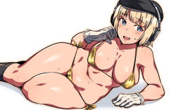 Rule 34 | 1girl, bikini, black headwear, blonde hair, breasts, cecilia glinda miles, character request, commentary request, covered erect nipples, em (totsuzen no hakike), female pubic hair, gloves, headphones, lying, medium breasts, micro bikini, navel, on side, open mouth, pubic hair, pubic hair peek, short hair, side-tie bikini bottom, side-tie bottom, simple background, solo, sweat, swimsuit, white background, white gloves, witches of africa, world witches series, yellow bikini