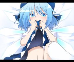 Rule 34 | 1girl, blue dress, blue eyes, blue hair, blush, bow, cirno, clothes lift, covering own mouth, do (4-rt), dress, dress lift, hair bow, ice, ice wings, leg up, letterboxed, looking at viewer, matching hair/eyes, midriff, out-of-frame censoring, puffy sleeves, shirt, short sleeves, solo, touhou, wings