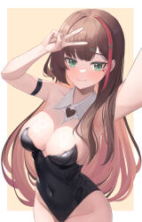 Rule 34 | 1girl, absurdres, andamiro, arm strap, armpits, bare shoulders, black leotard, blush, breasts, brown hair, cleavage, closed mouth, covered navel, detached collar, green eyes, hair ornament, hairclip, highres, large breasts, leotard, long hair, looking at viewer, multicolored hair, original, red hair, simple background, smile, solo, streaked hair, v, yellow background